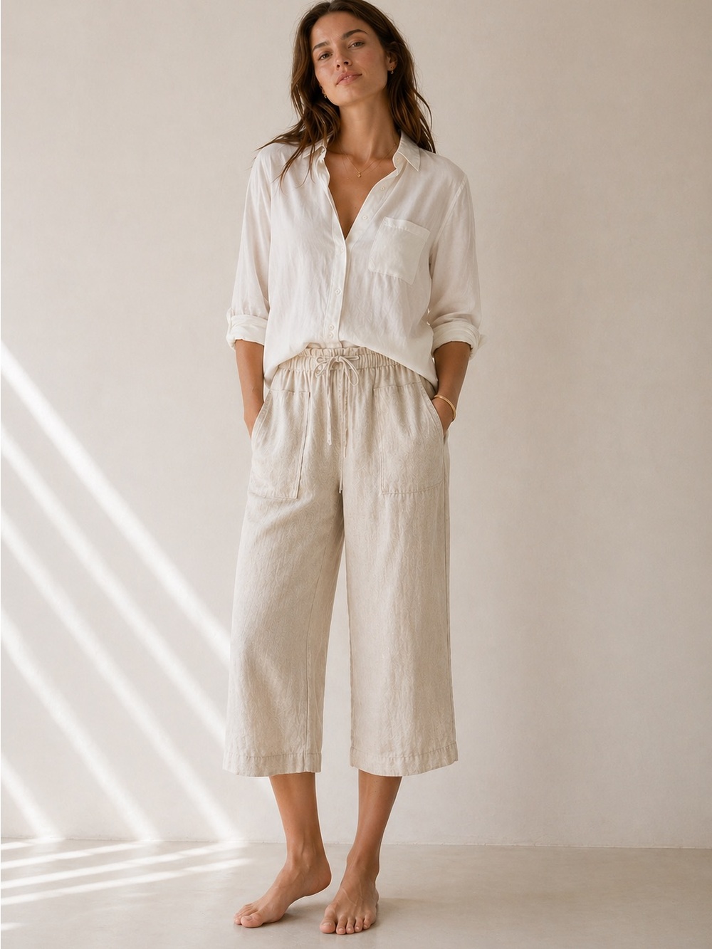 London Jean 100% Linen Capri Pants Cream Relaxed Wide Leg Lagenlook Coastal S